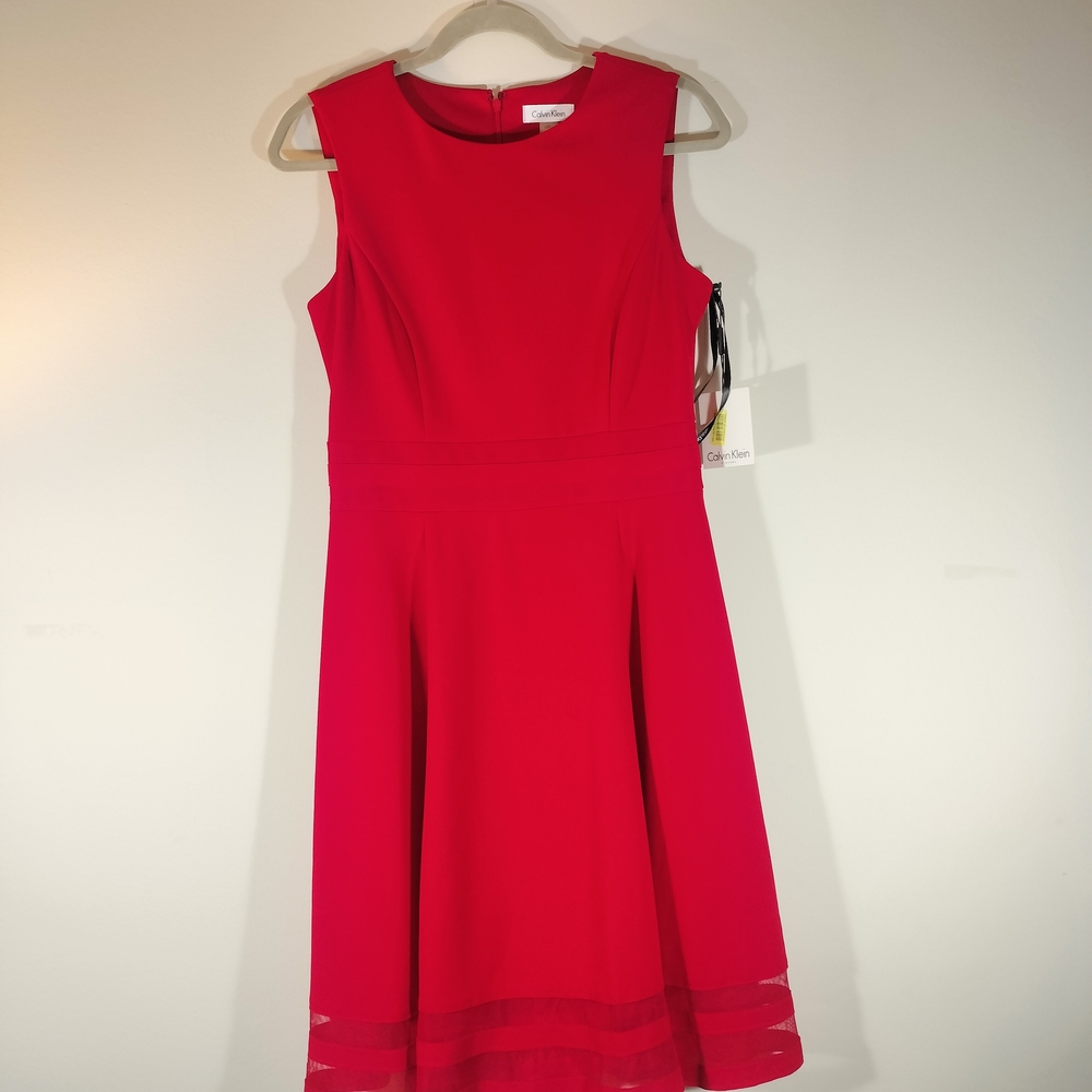 Calvin Klein Red Sleeveless Fit &‎ Flare Midi Dress w/ Mesh Hem Detail NWT